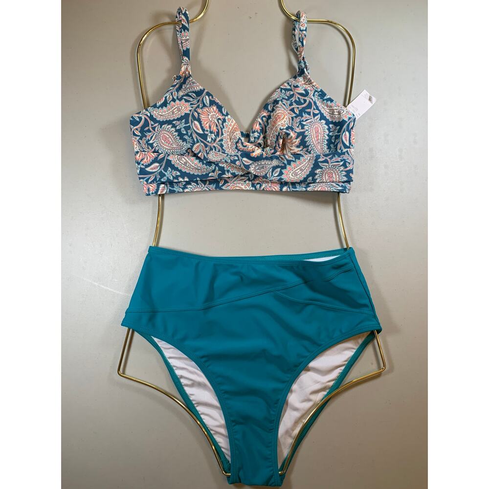 NWT Cupshe Paisley in Blue and Pink High Waist Bikini Size Small